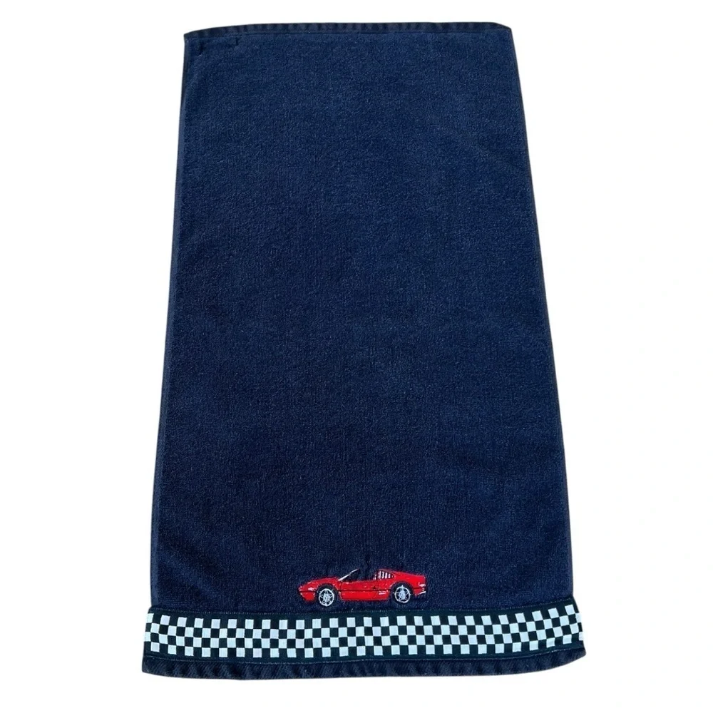 Vintage Ames Corvette Hand Towel Checkerboard Border Cotton Velour 16x30 GUC